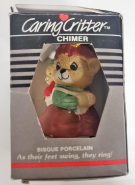 Vintage Jasco Caring Critter Chimer Porcelain Bell Ornament - Mother Baby Bear Knapsack